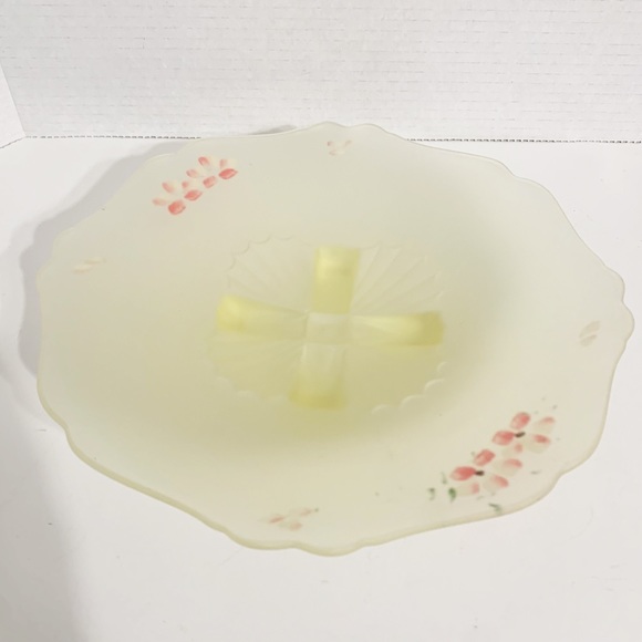 Depression Satin Glass Short Footed Compote Reverse Painted Floral Scallop Edge - Picture 4 of 13